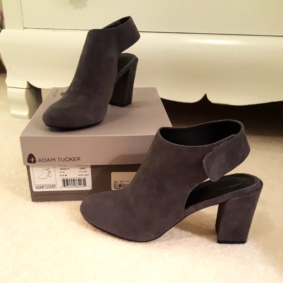 LIKE NEW Adam Tucker Jenna Gray Suede Booties (Velcro Strap, Exposed Heel) 8.5 - Picture 2 of 7